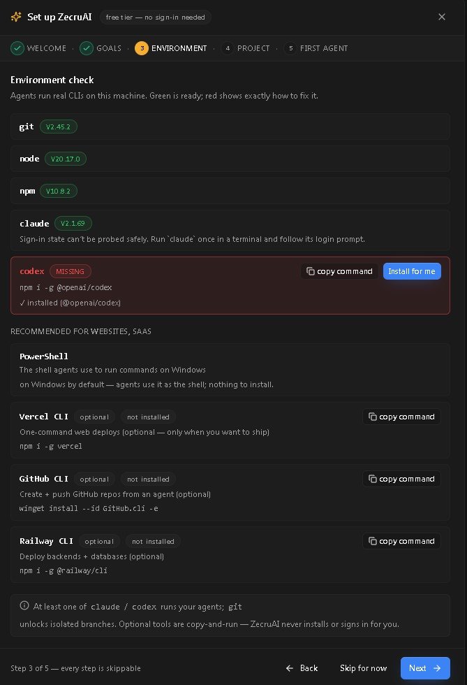 ZecruAI setup wizard showing environment checks for Git, Node, npm, Claude, Codex, and deployment CLIs.